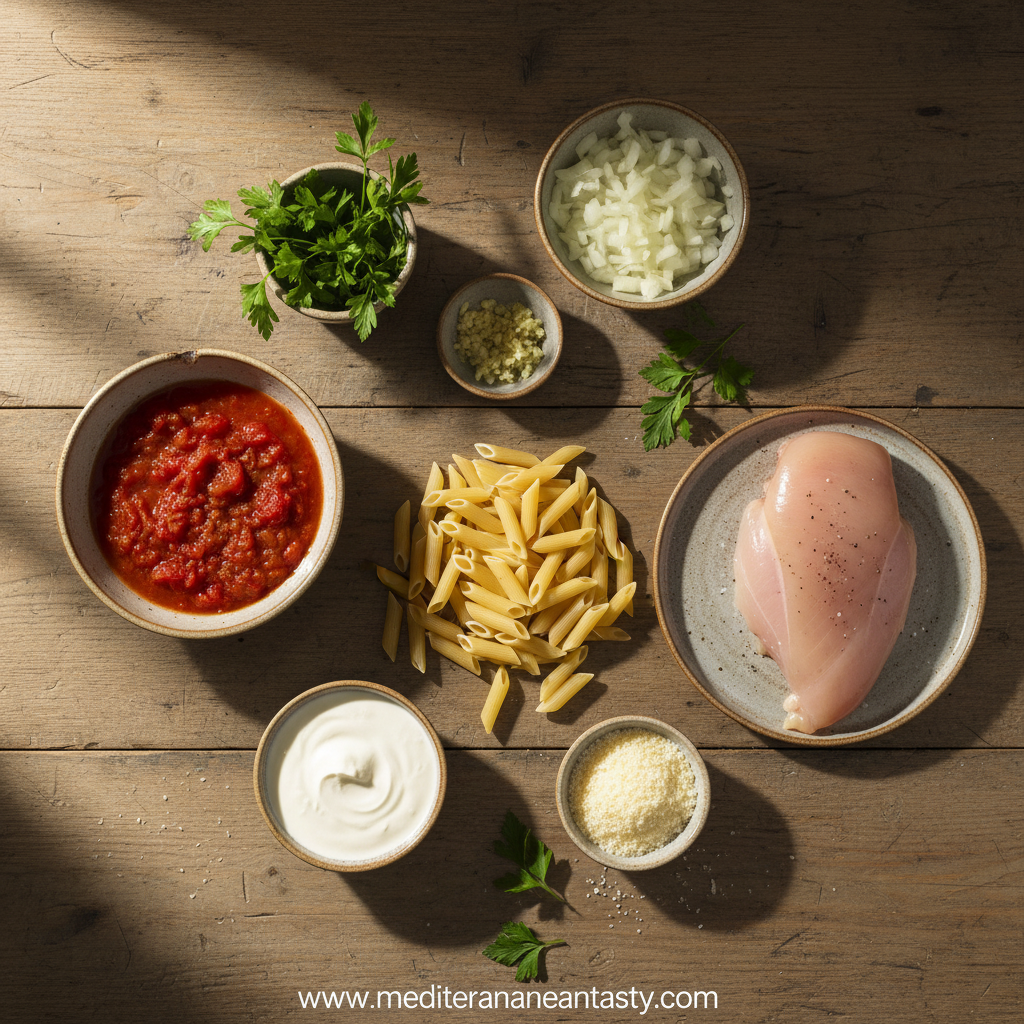 Fresh ingredients for homemade chicken pasta including flour, eggs, chicken, and herbs