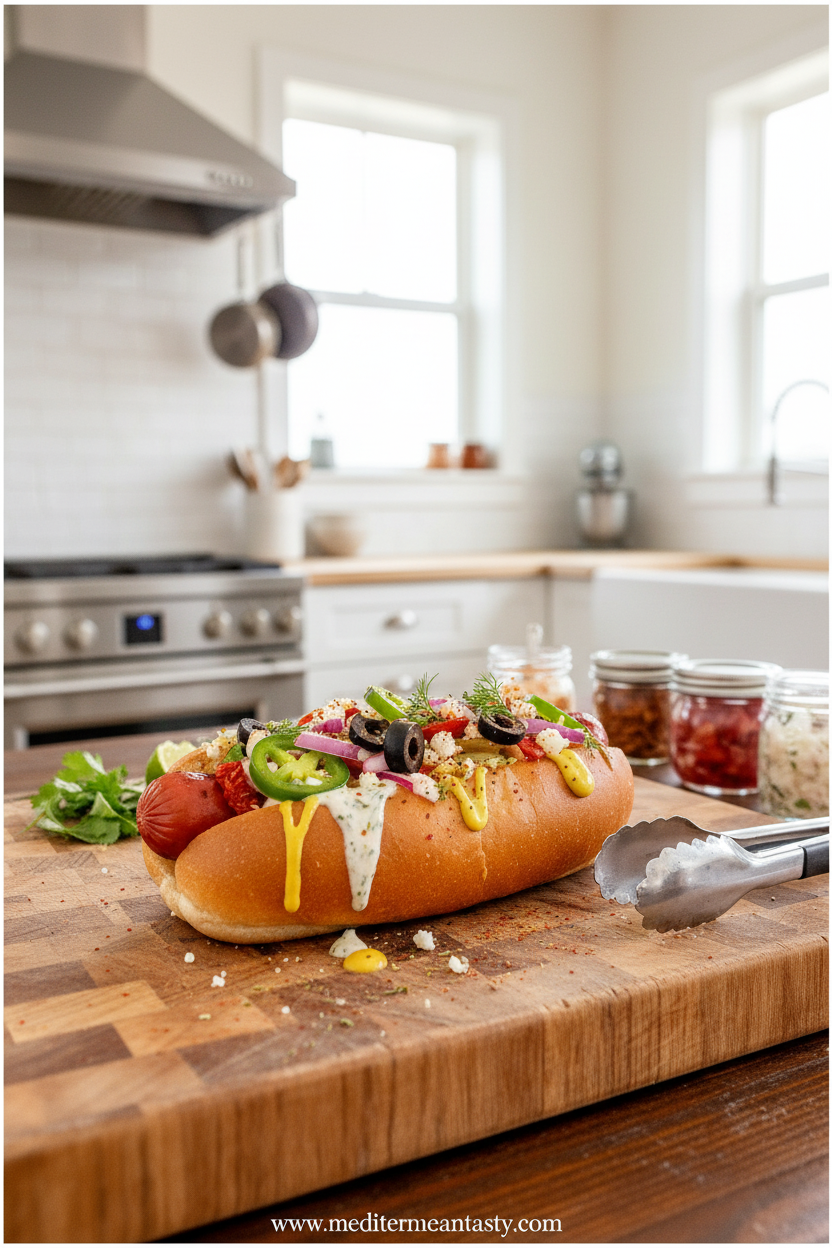 Colorful hot dog bar setup with various toppings and condiments