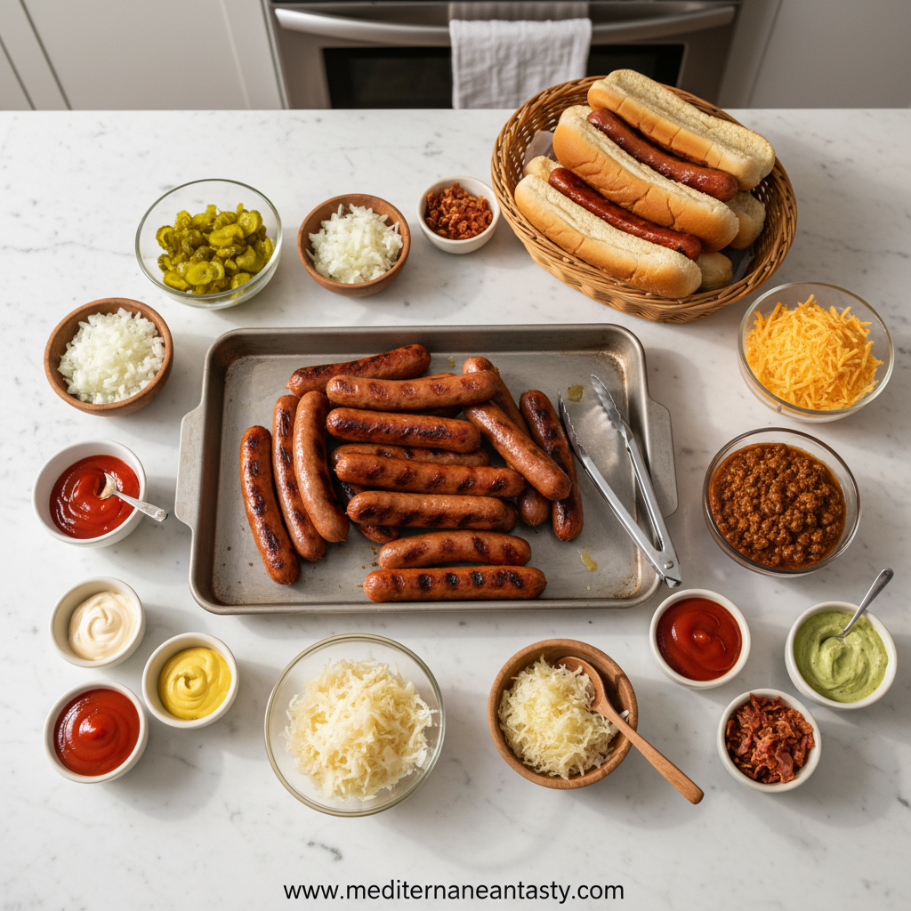 Assorted hot dog toppings and ingredients spread out