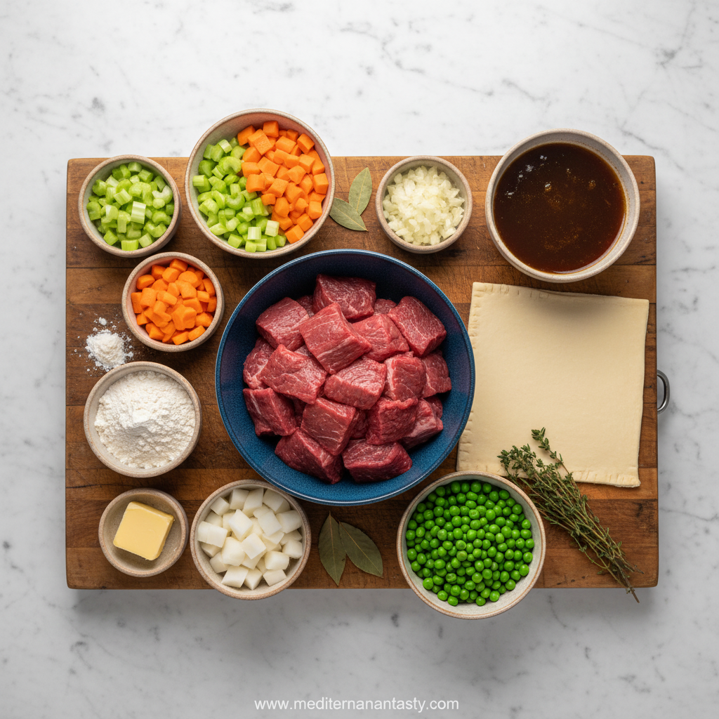 Ingredients for individual beef pot pies including beef, vegetables, and pastry