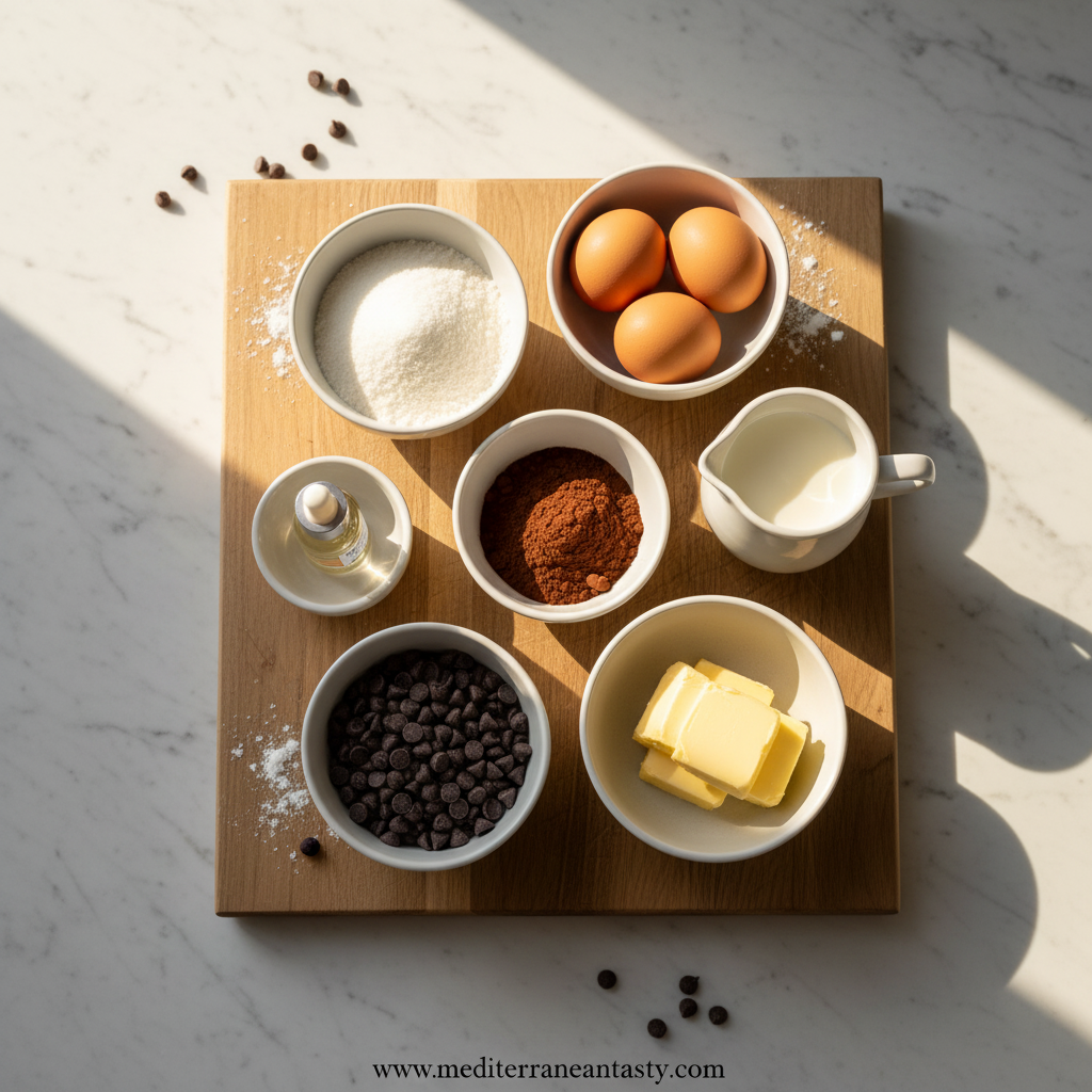 Ingredients for making chocolate sheet cake including flour, cocoa powder, sugar, eggs, and oil