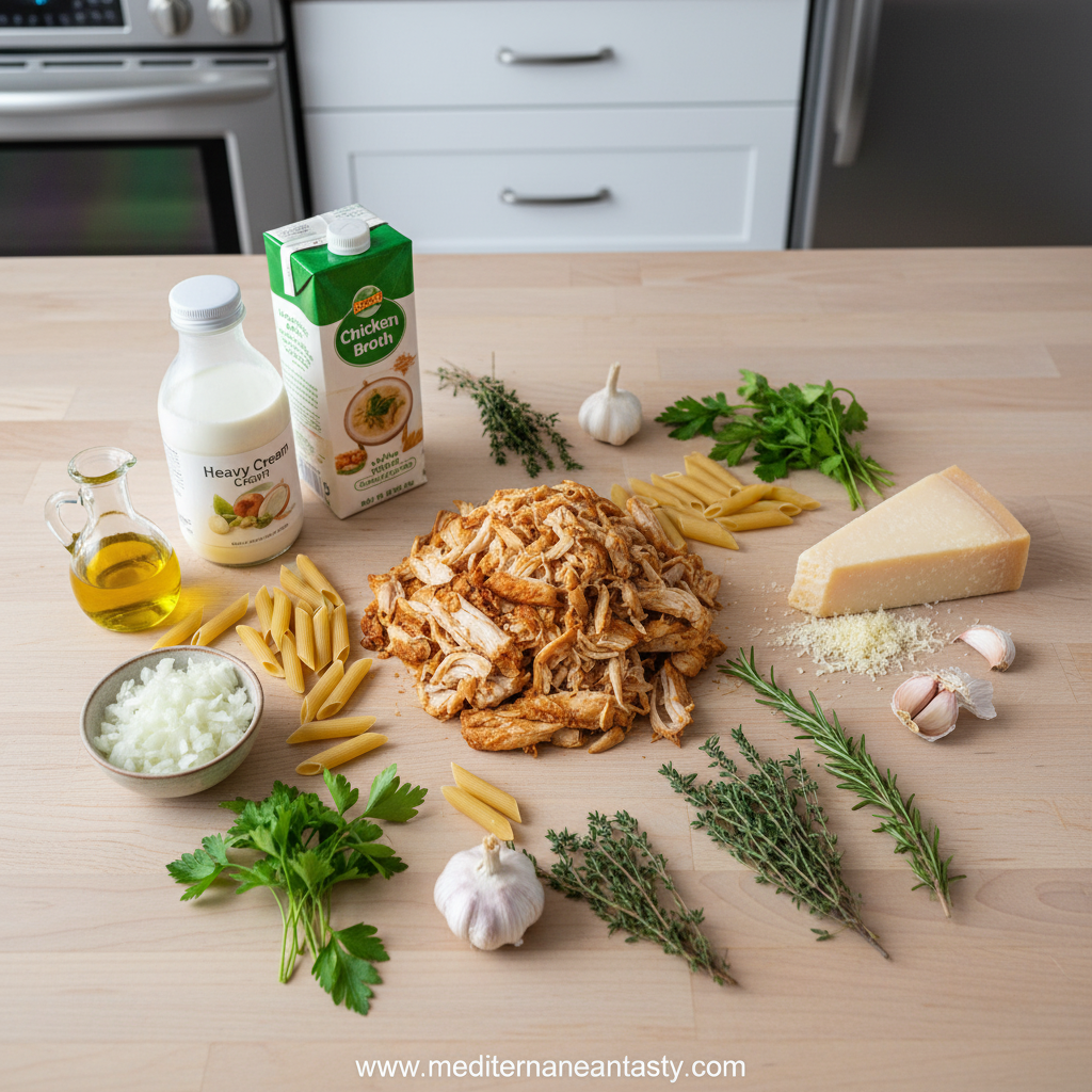 Ingredients for creamy rotisserie chicken pasta laid out on counter