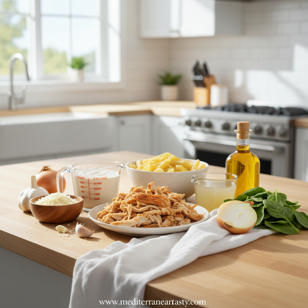 Ingredients for creamy rotisserie chicken pasta laid out on counter