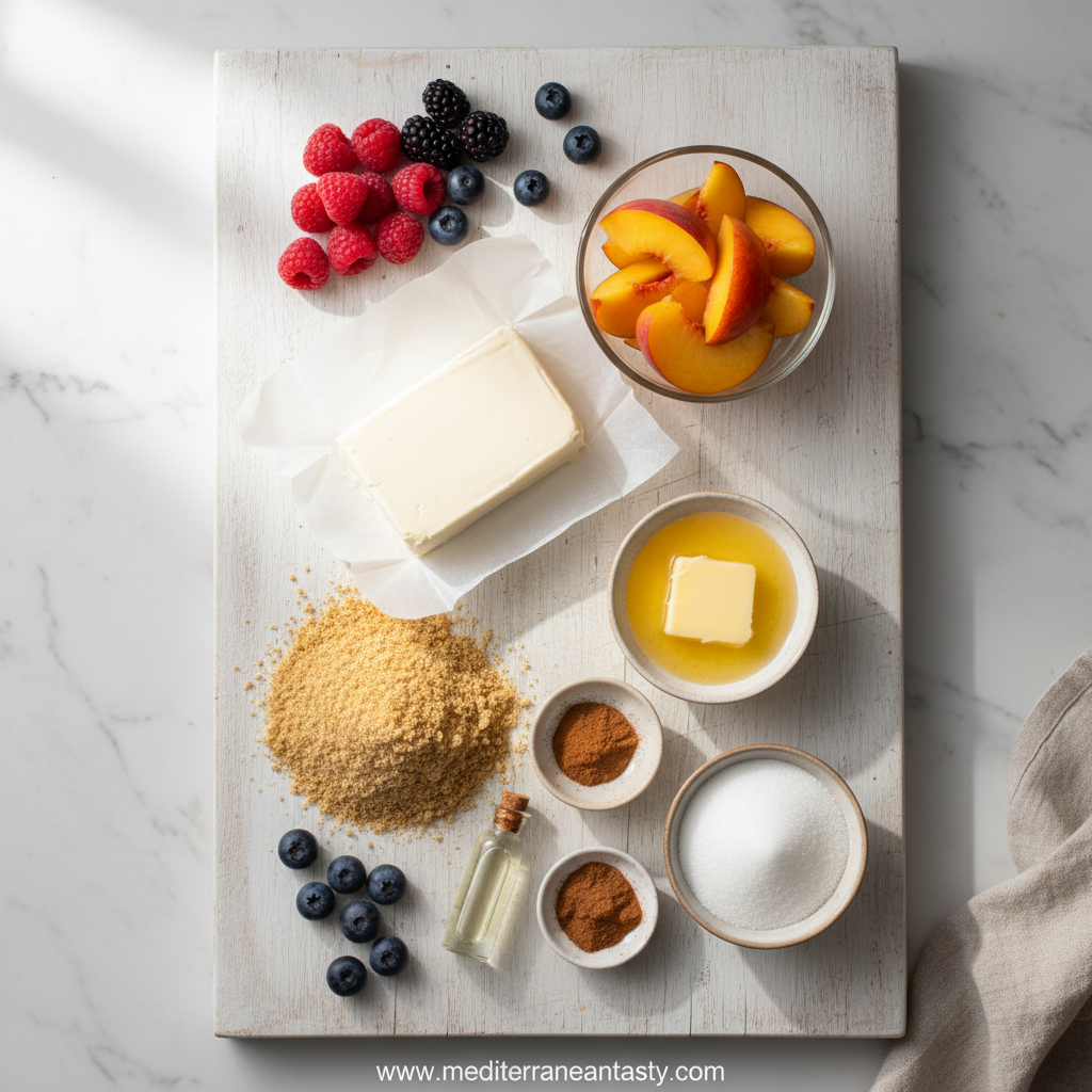 Ingredients for peach cobbler cheesecake salad including cream cheese and fresh peaches