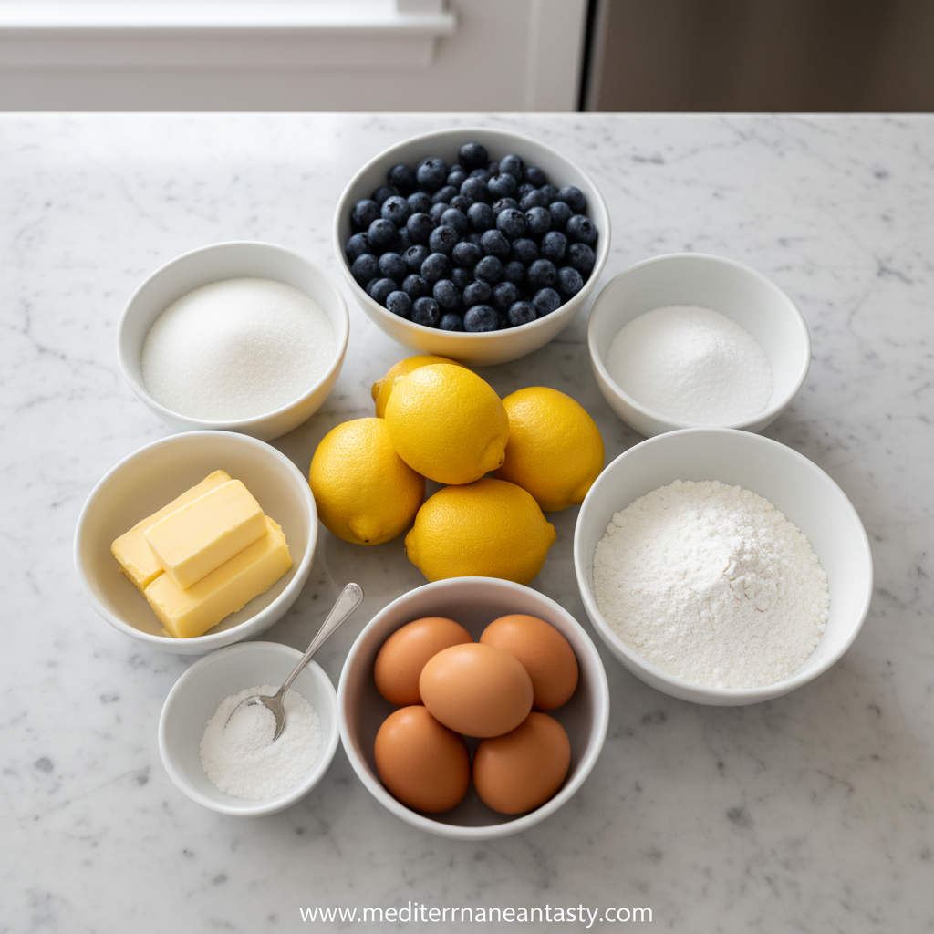 Ingredients for lemon blueberry loaf including flour, sugar, blueberries, lemons, and eggs