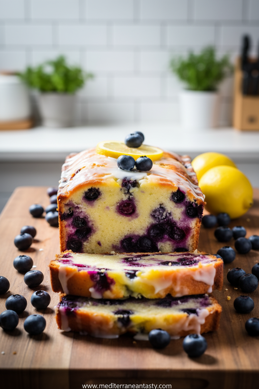 Slice of lemon blueberry yogurt loaf cake with glaze and fresh berries