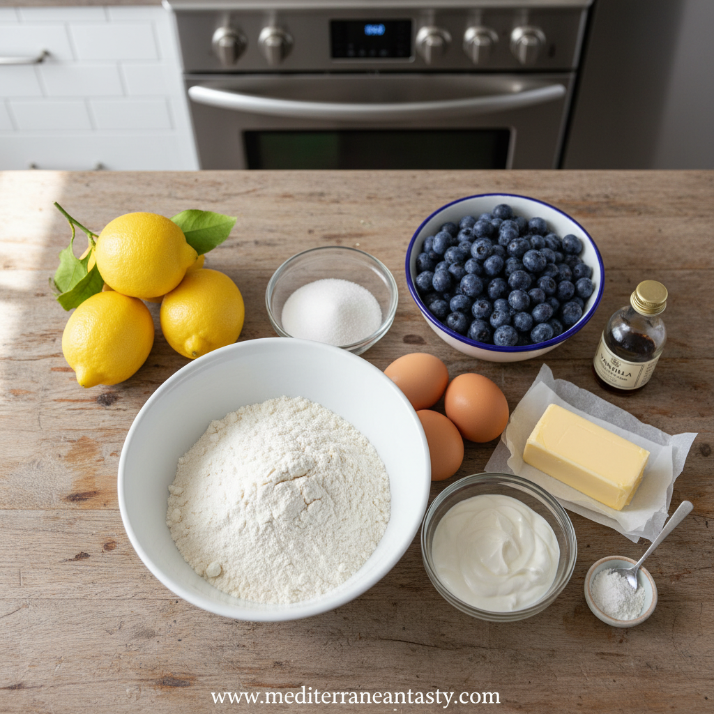 Ingredients for lemon blueberry yogurt loaf including flour, eggs, yogurt, and blueberries