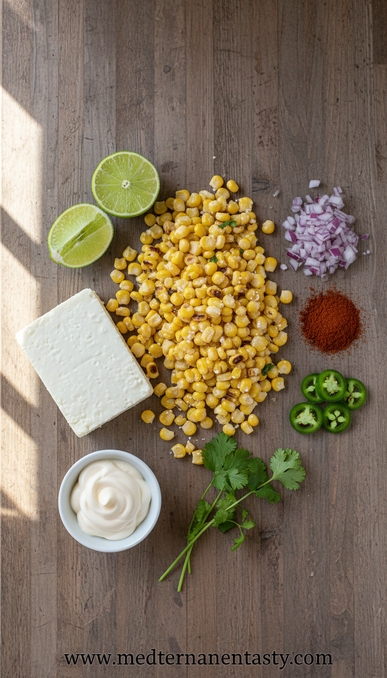 Fresh ingredients for Mexican corn salad including corn, lime, and cotija cheese