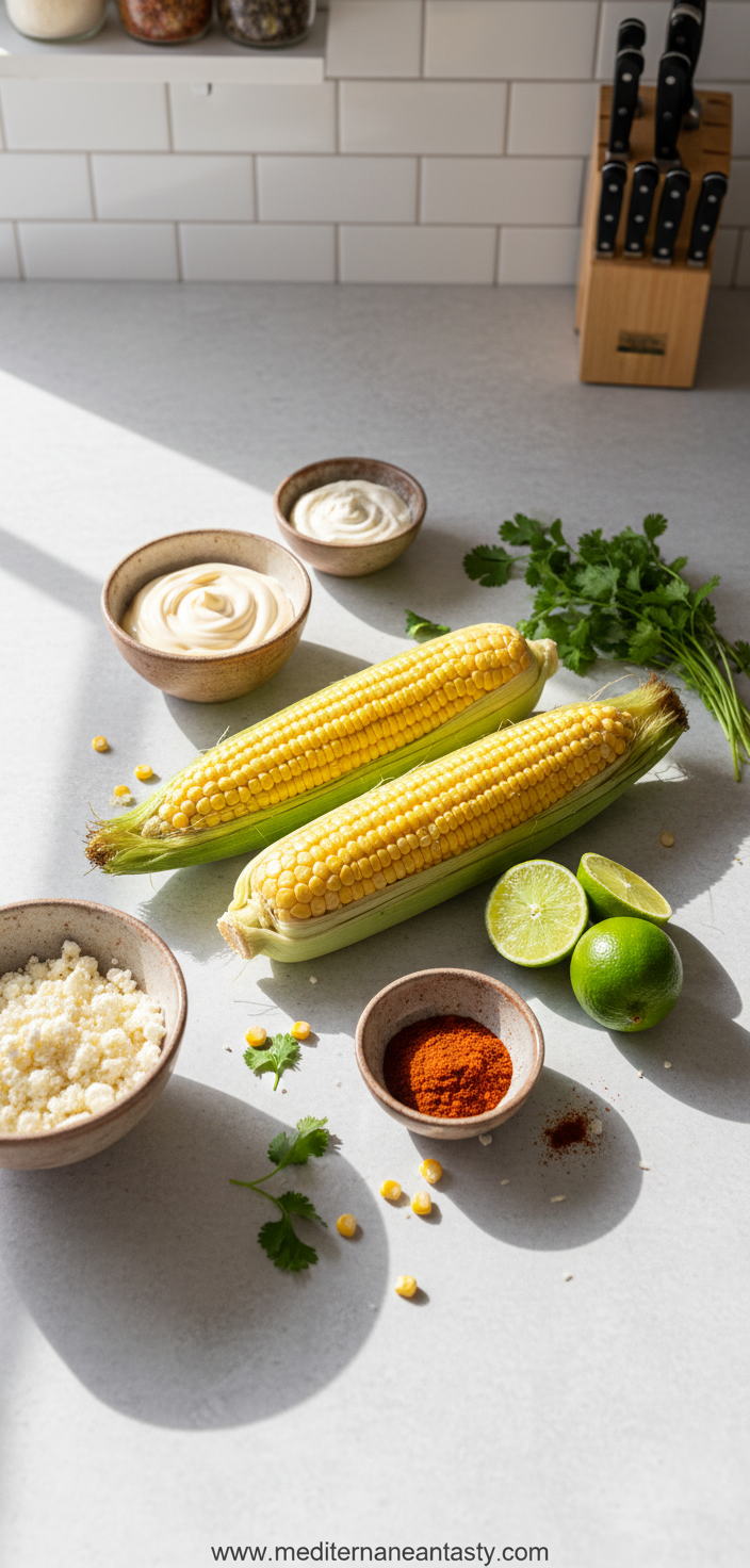Ingredients for Mexican street corn salad including corn, cotija cheese, lime, and spices