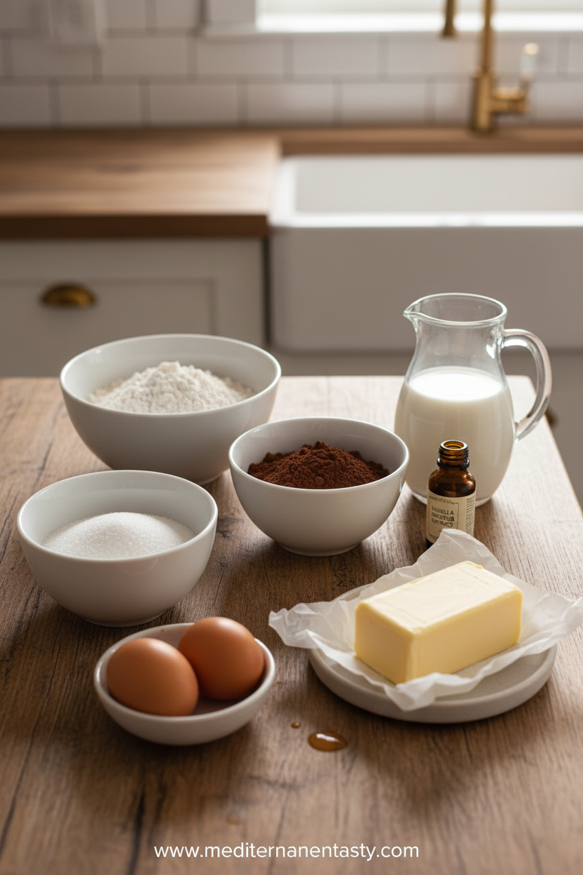 Ingredients for making moist chocolate cake including flour, cocoa powder, eggs, and butter