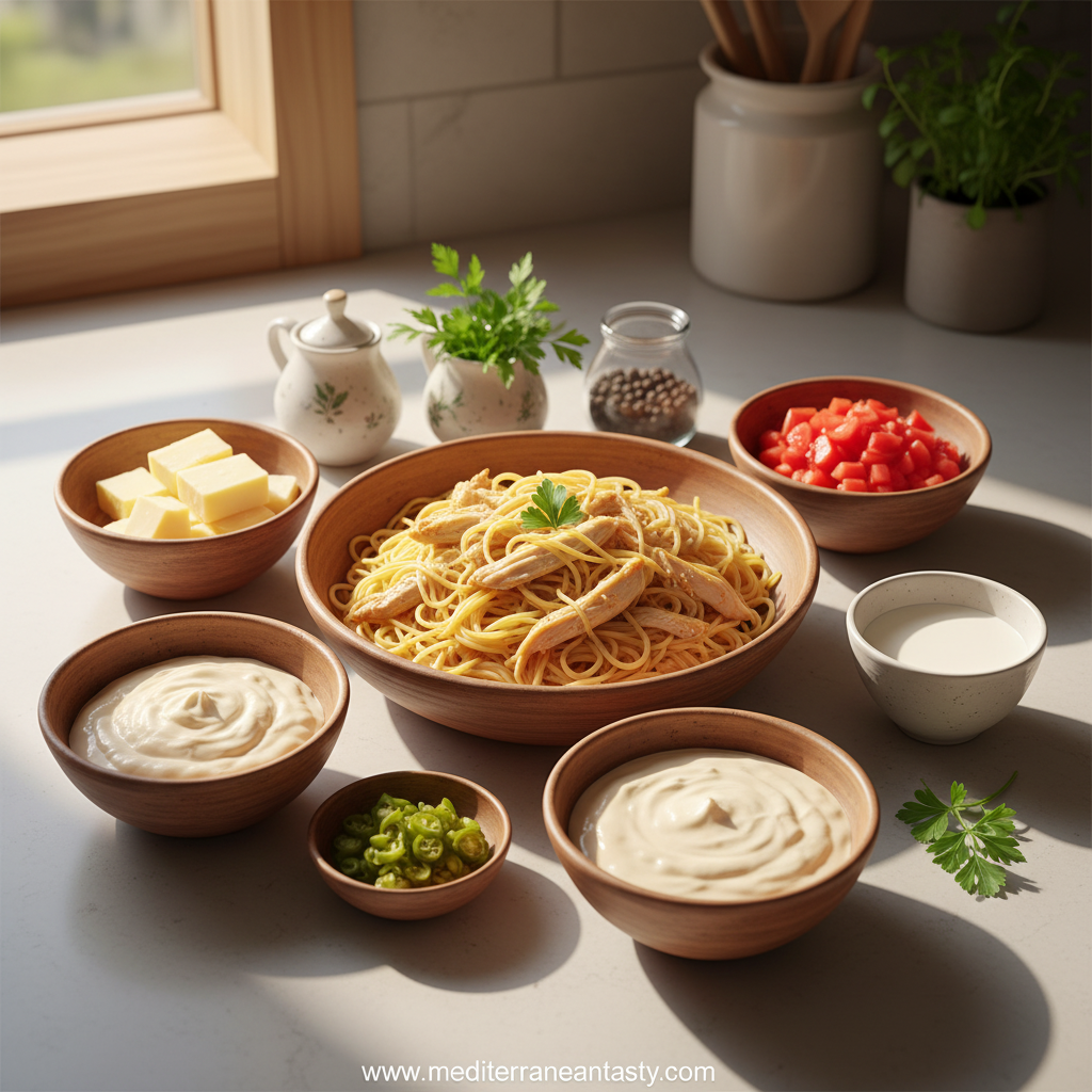 Ingredients for Monterey chicken spaghetti including pasta, chicken, cheese, and seasonings