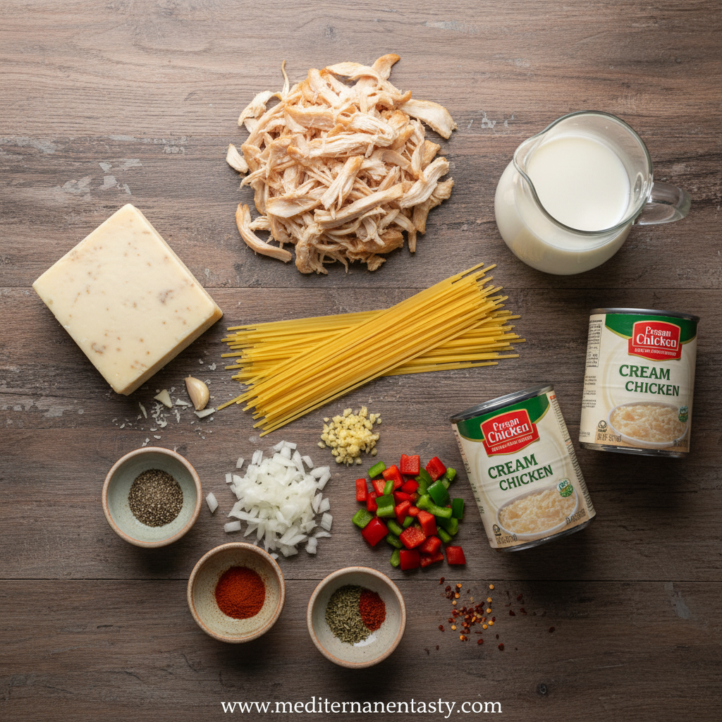 Ingredients for Monterey chicken spaghetti including pasta, chicken, cheese, and seasonings