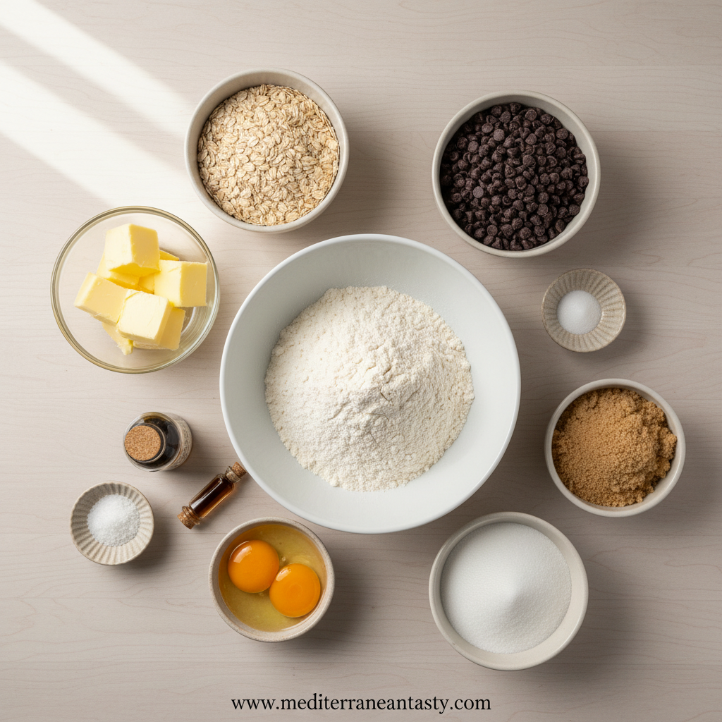 Ingredients for making chocolate chip oatmeal cookies