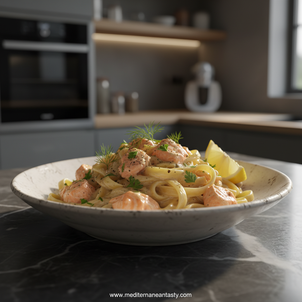 Creamy salmon pasta in a skillet with fresh herbs