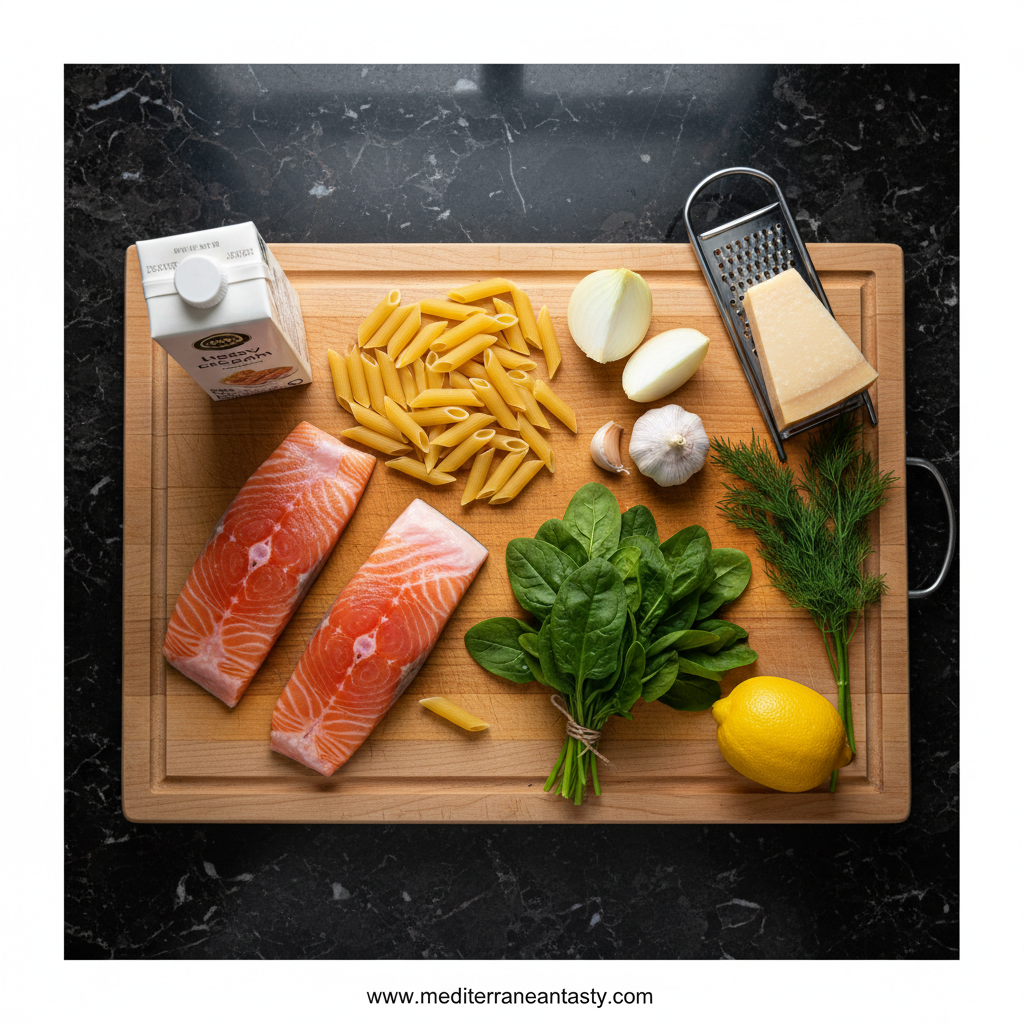 Ingredients for creamy salmon pasta recipe