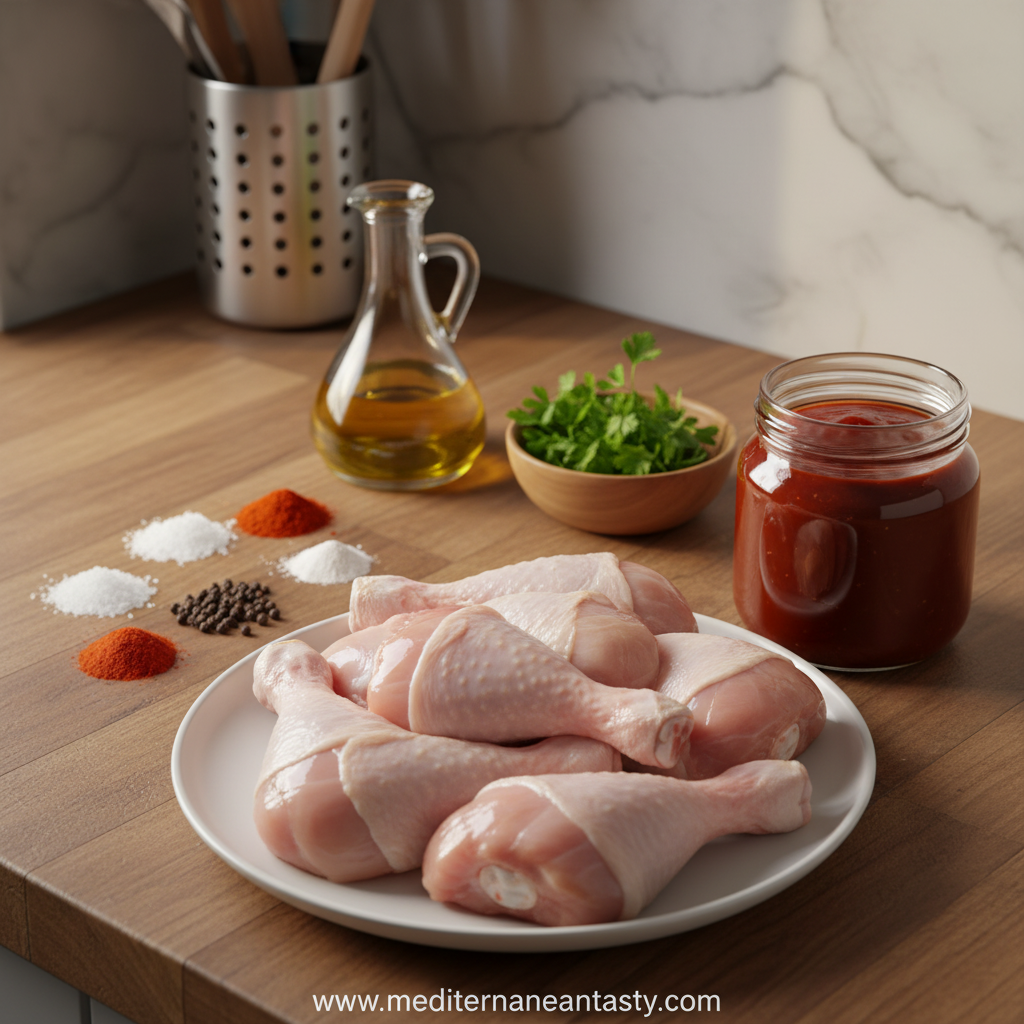 Ingredients for BBQ chicken legs including spices and barbecue sauce