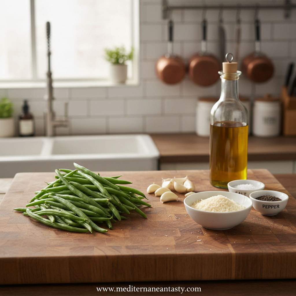Ingredients for garlic parmesan green beans: fresh green beans, garlic, parmesan cheese, olive oil