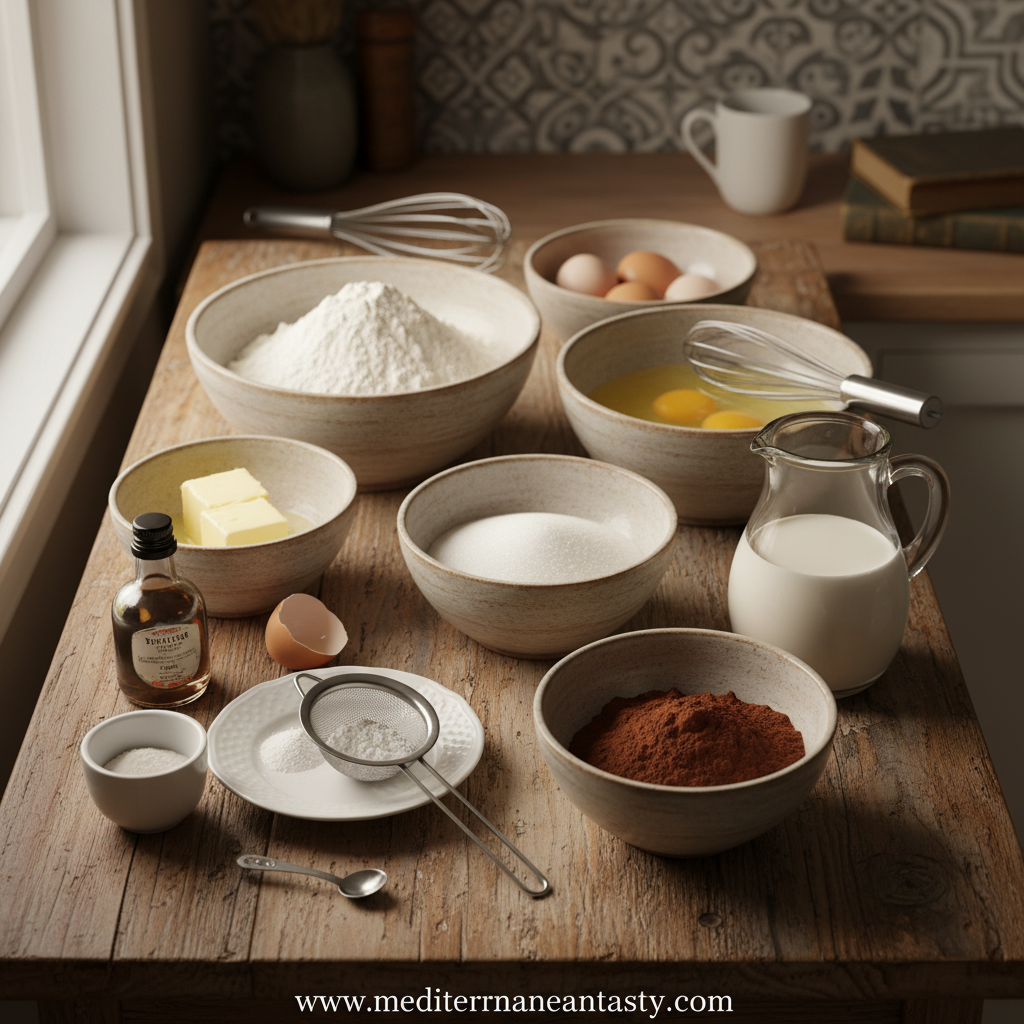 Ingredients for chocolate sheet cake preparation