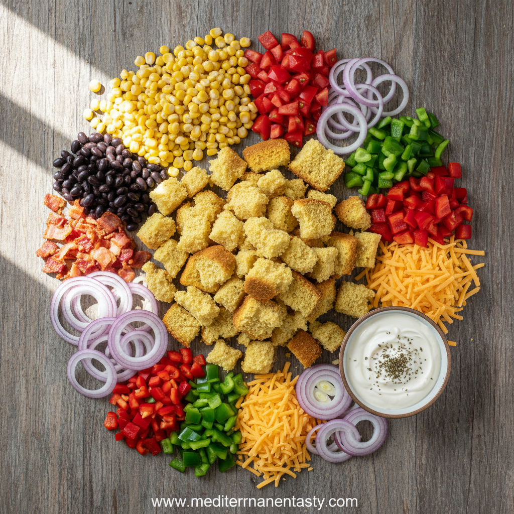 Ingredients for colorful cornbread salad including cornbread, vegetables, and dressing
