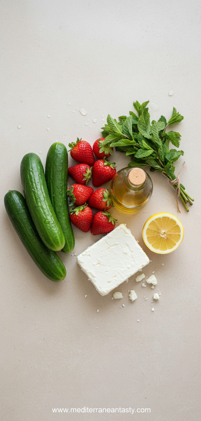 Fresh ingredients for cucumber strawberry salad including feta and mint