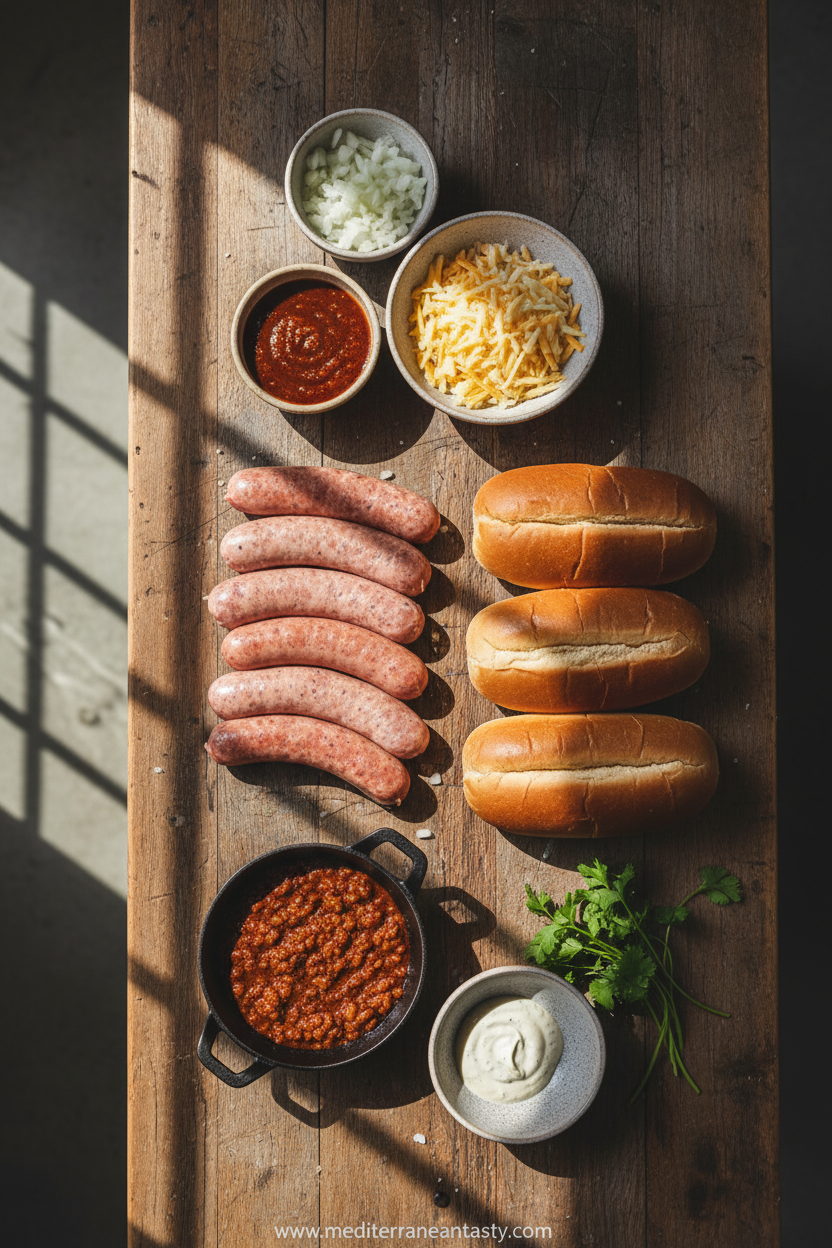 Ingredients for making Chicago-style hot dogs including pickles, tomatoes, and onions