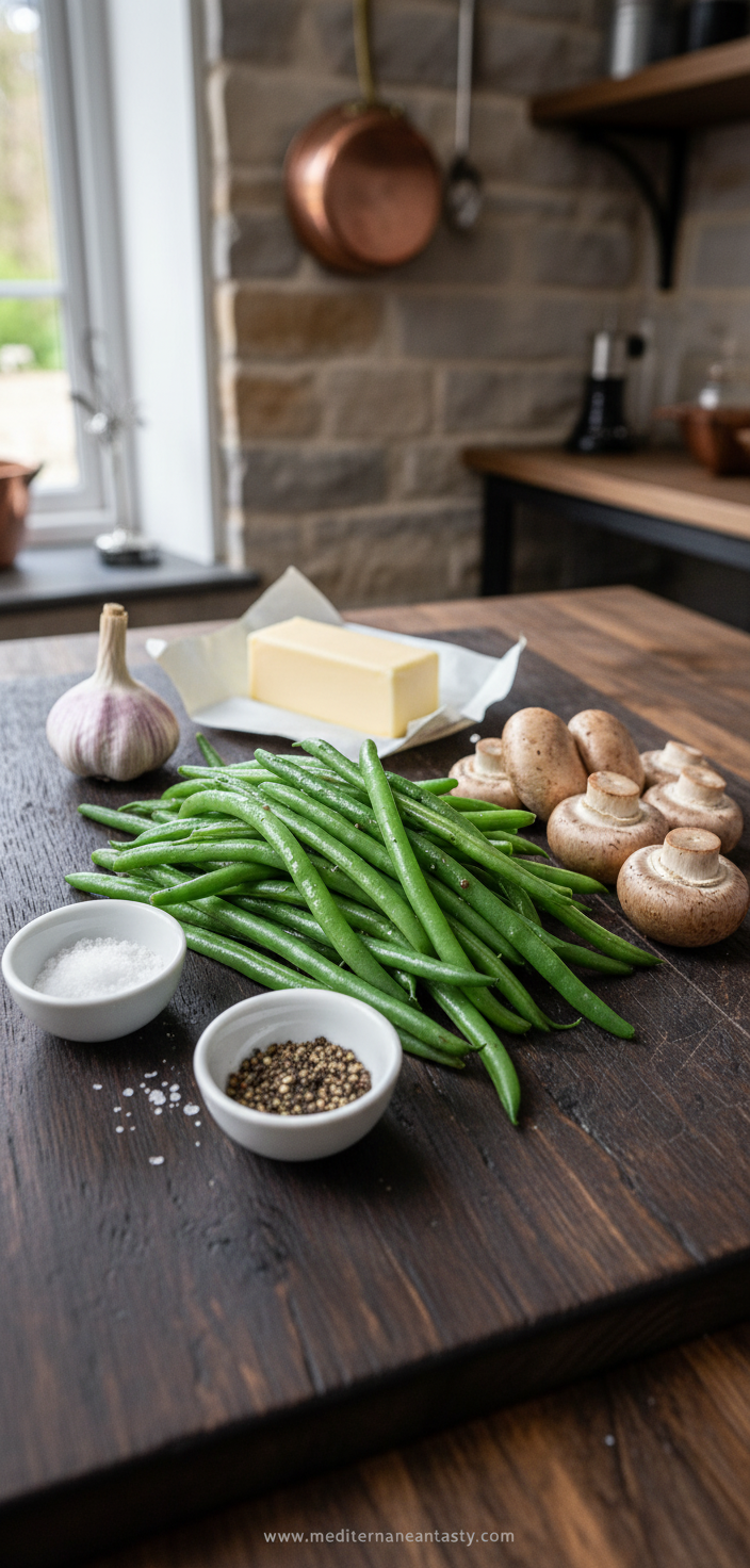 Fresh ingredients for garlic butter green beans and mushrooms