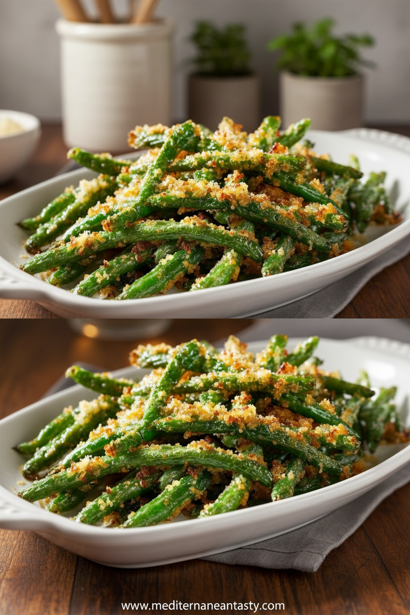 Savory garlic Parmesan roasted green beans in a baking dish