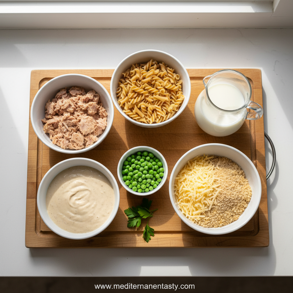 Ingredients for skinny tuna noodle casserole including tuna, Greek yogurt, and vegetables