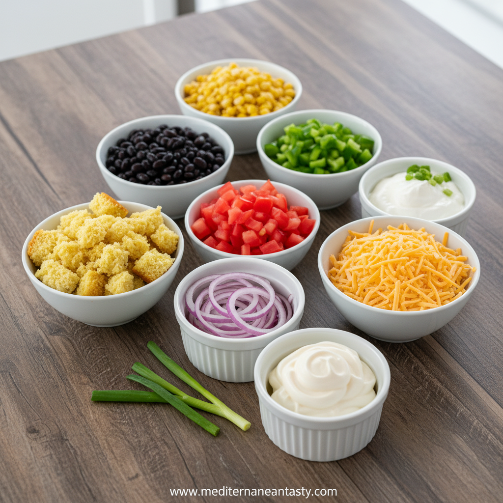 Ingredients for cornbread salad including cornbread, vegetables, and dressing ingredients