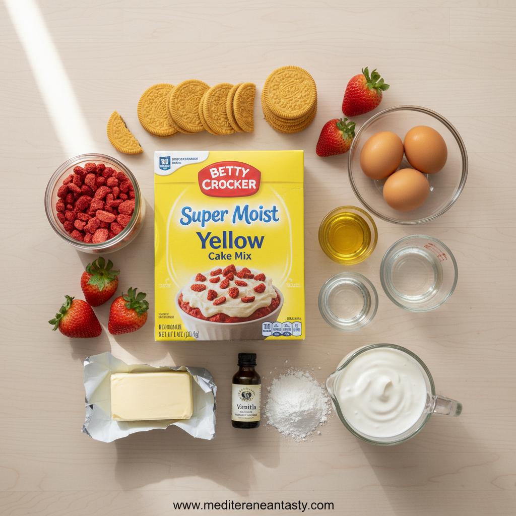 Ingredients for strawberry crunch cake including flour, strawberries, sugar and butter