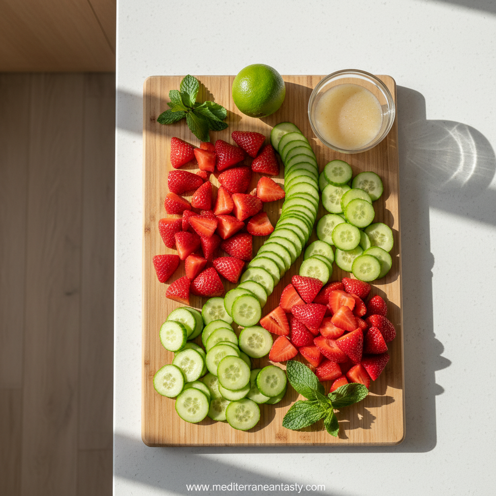 Fresh ingredients for strawberry cucumber salad including strawberries, cucumbers, mint, and dressing components