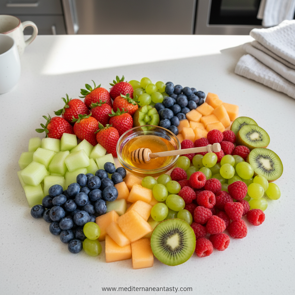 Fresh ingredients for summer fruit salad including dragon fruit, mango, and berries