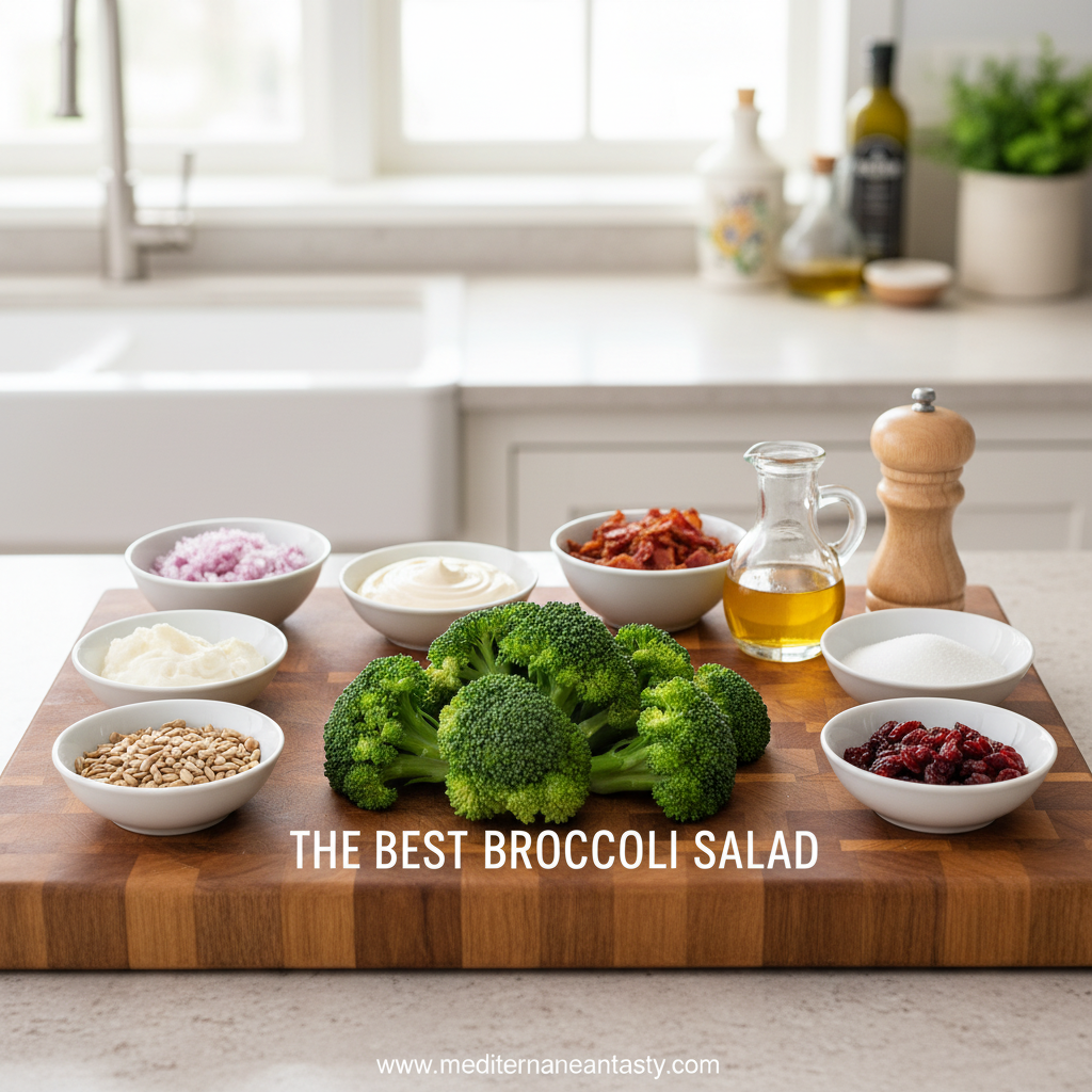 Fresh ingredients for broccoli salad arranged beautifully