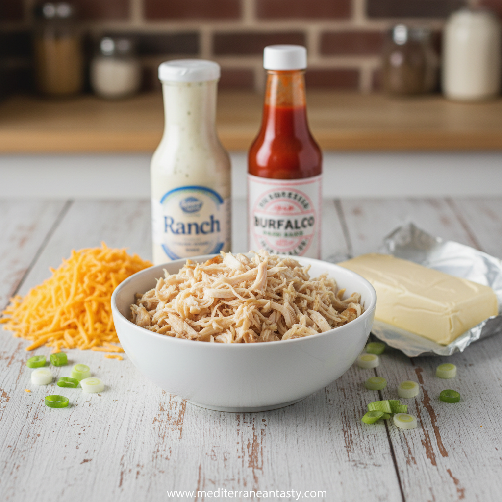 Ingredients for buffalo chicken dip including cream cheese, buffalo sauce, chicken, and cheeses