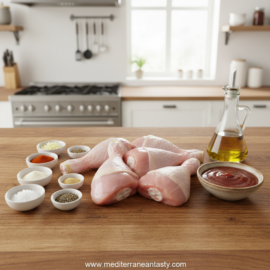 Ingredients for grilled BBQ chicken legs including chicken, spices, and BBQ sauce