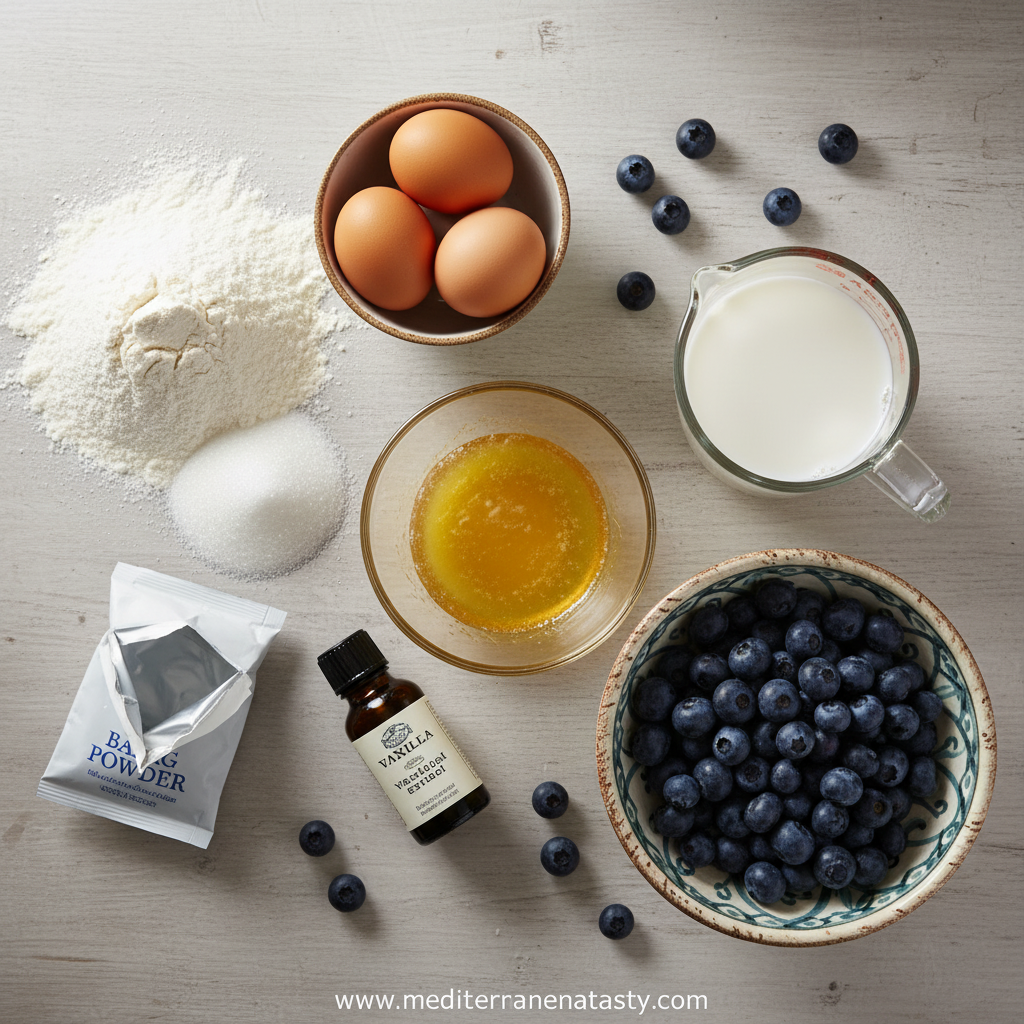 Ingredients for homemade blueberry muffins including flour, blueberries, eggs, and butter