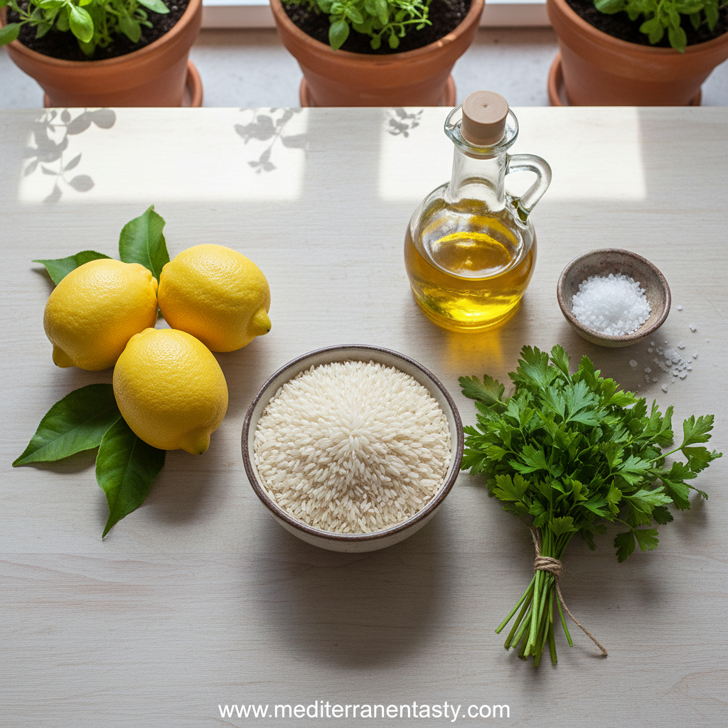 Fresh ingredients for lemon rice including lemons, rice, and herbs