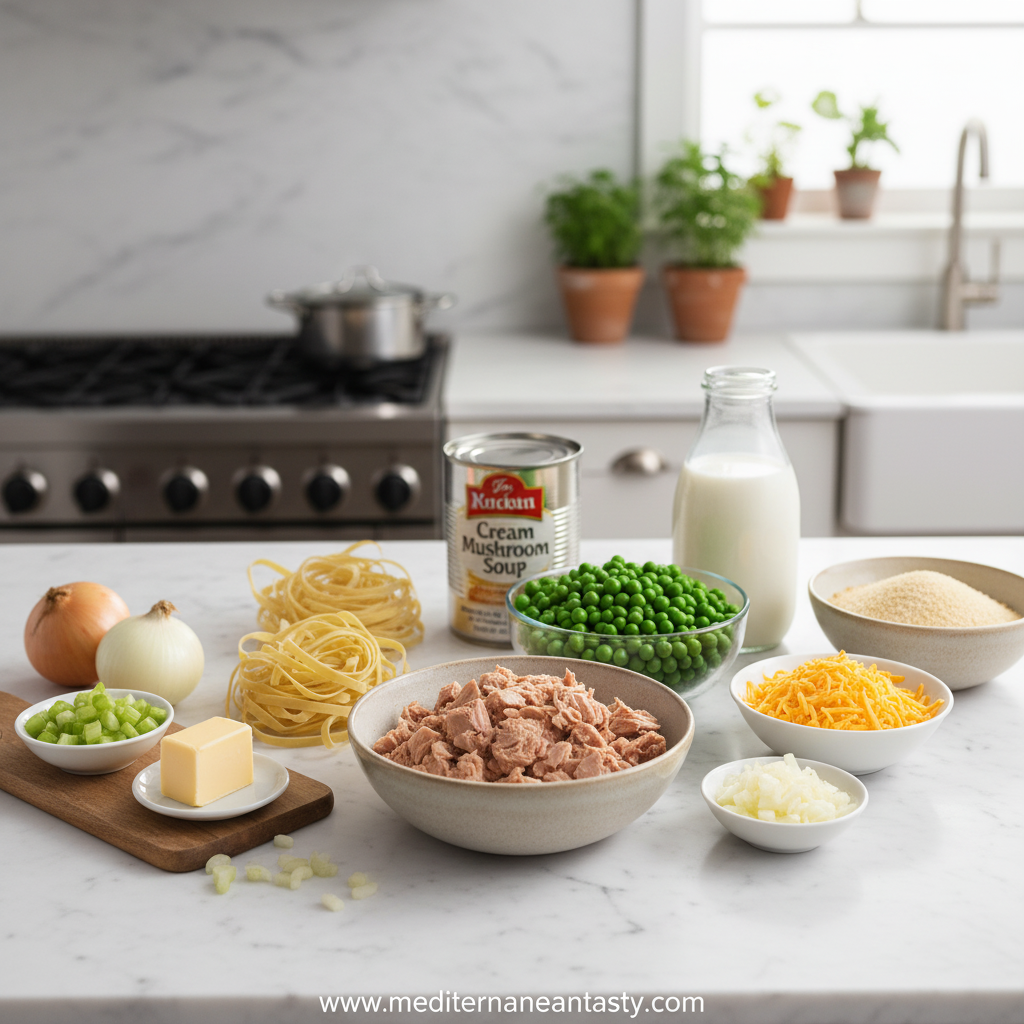 Ingredients for tuna noodle casserole