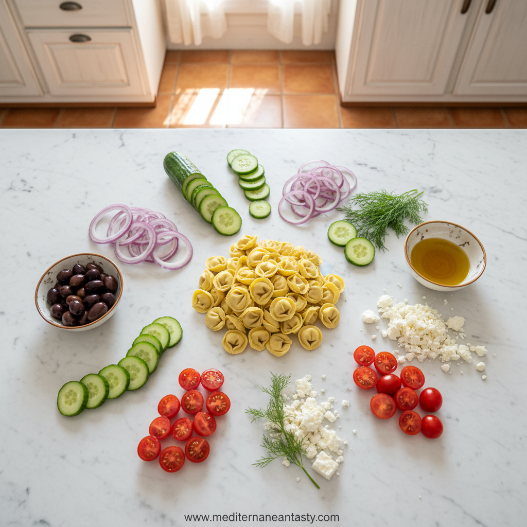 Ingredients for Greek tortellini salad including tortellini, feta cheese, cucumbers, tomatoes, and fresh herbs