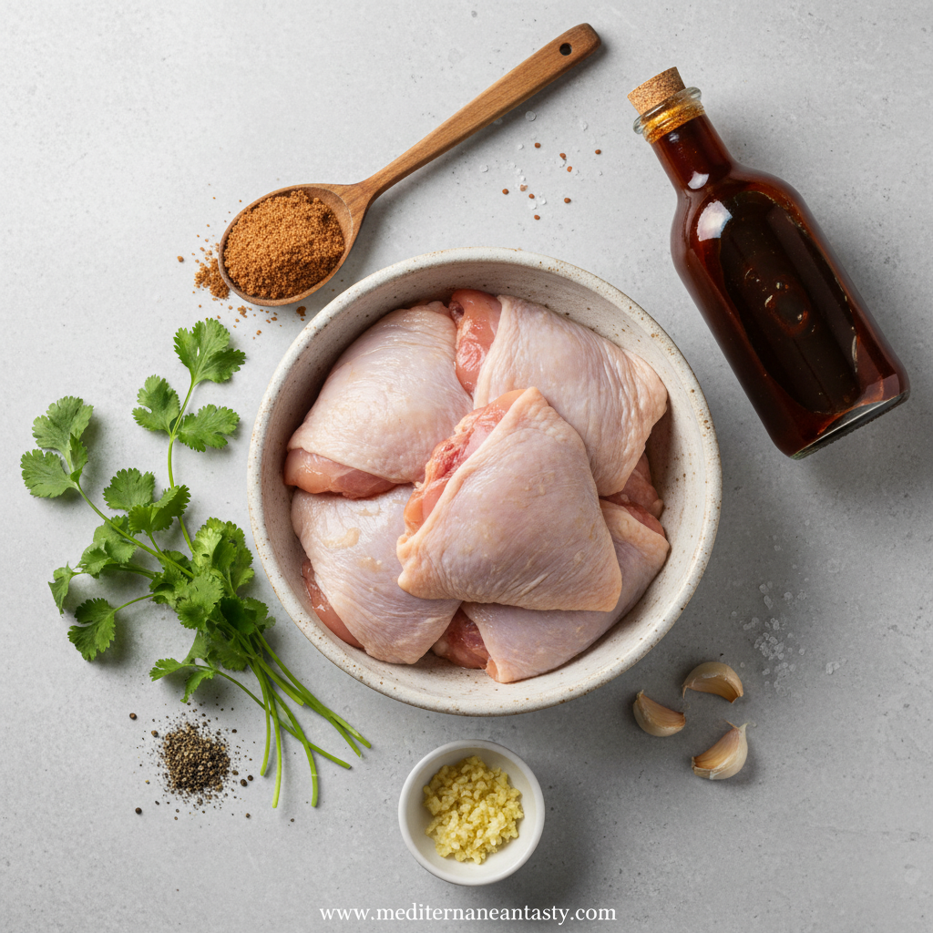 Ingredients for BBQ chicken thighs including chicken, BBQ sauce, spices