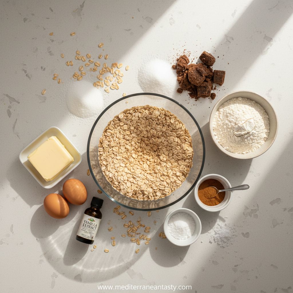 Ingredients for making perfect chewy oatmeal cookies