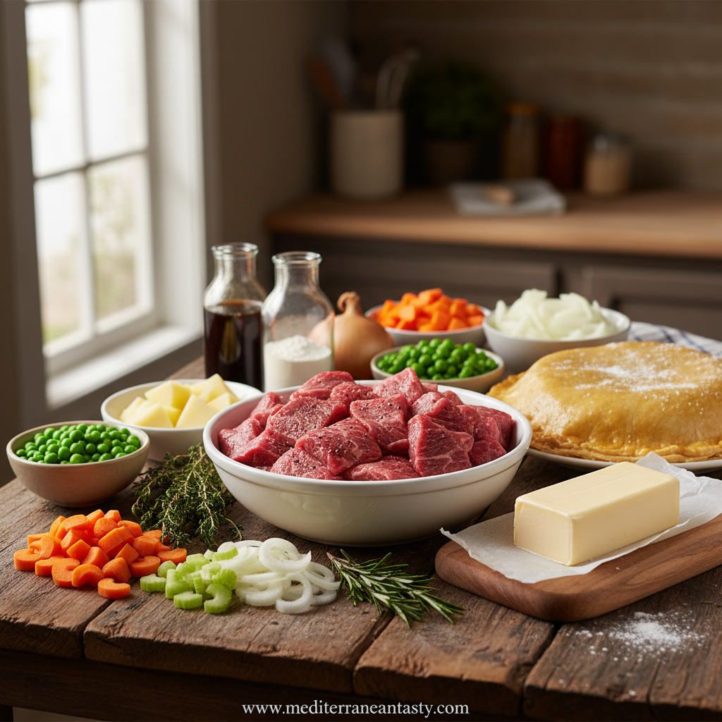 Ingredients for making classic beef pot pie