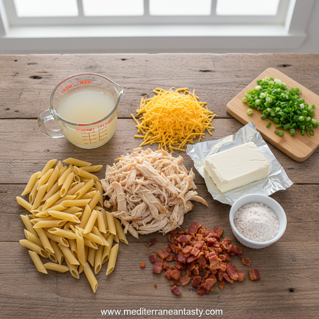 Ingredients for creamy chicken pasta including pasta, chicken, cheese, and seasonings