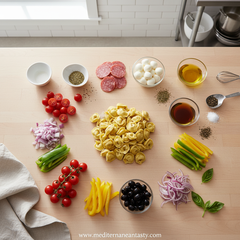 Ingredients for tortellini pasta salad including tortellini, vegetables, and dressing ingredients