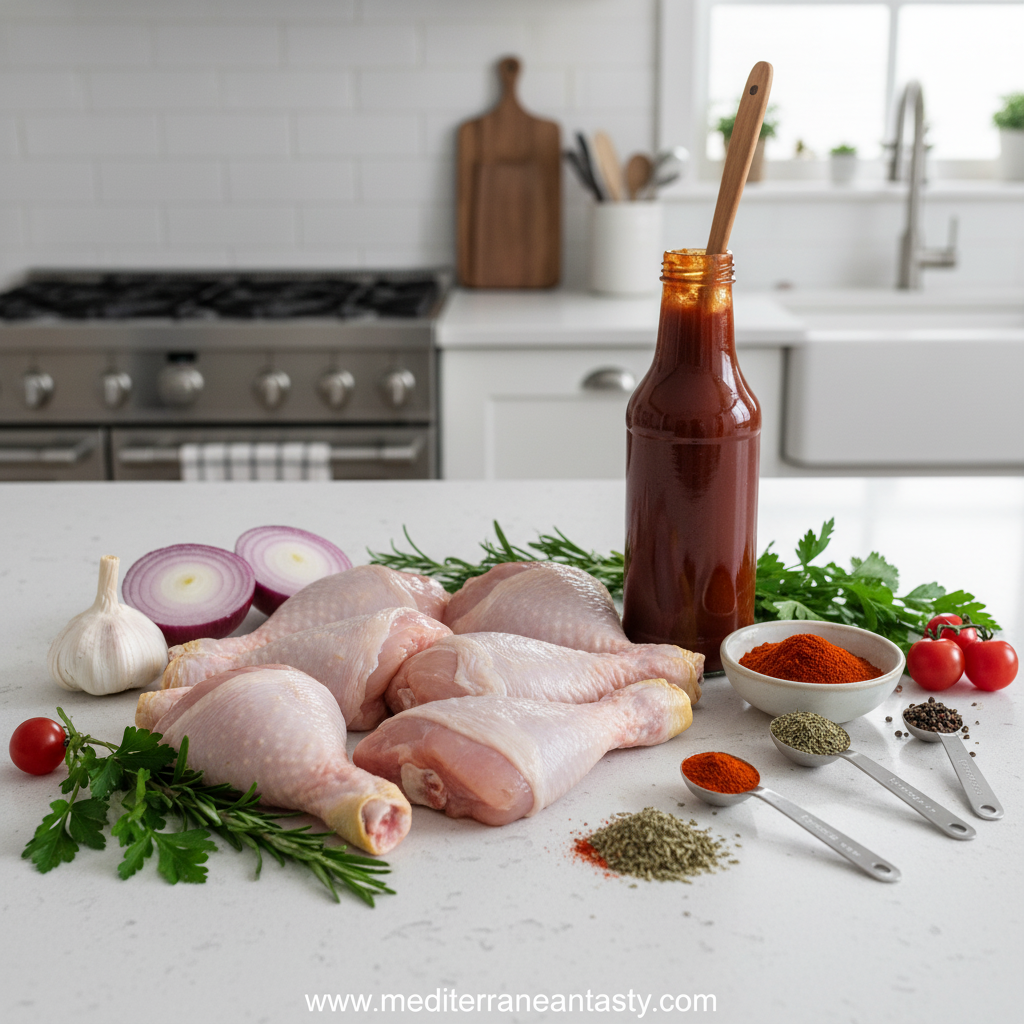 Ingredients for crispy oven baked BBQ chicken legs including chicken, spices, and BBQ sauce