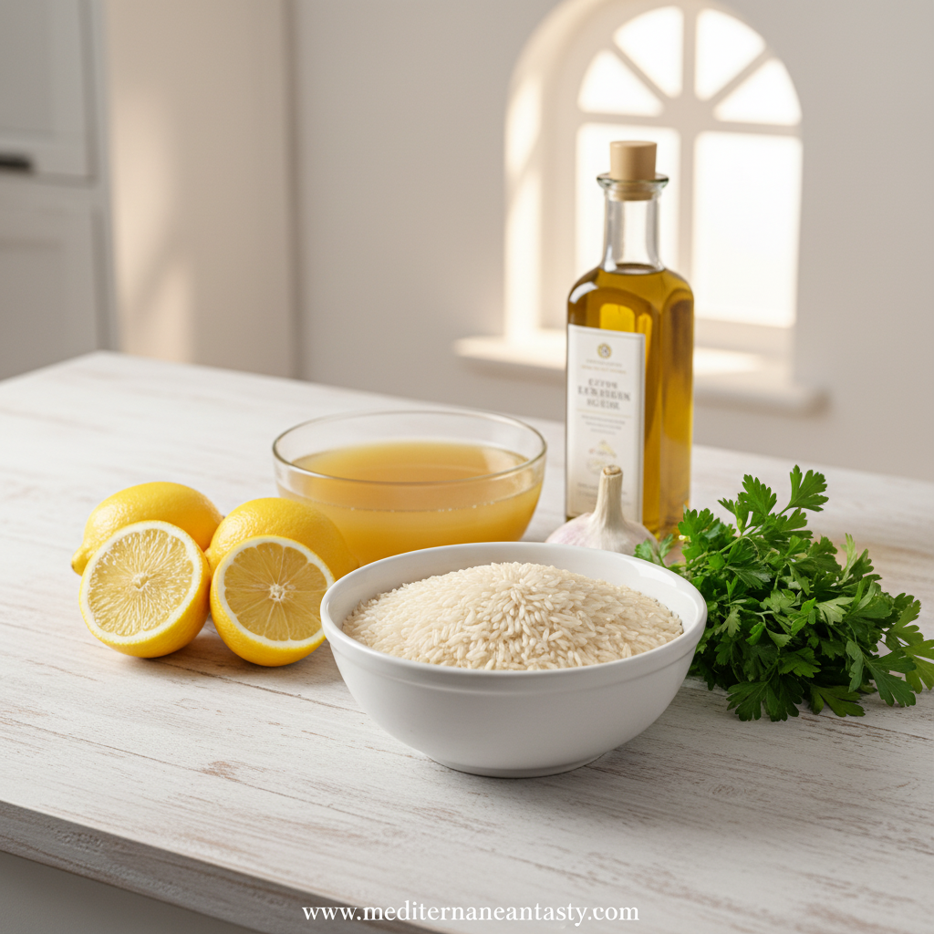 Ingredients for Greek lemon rice including rice, lemons, herbs, and olive oil