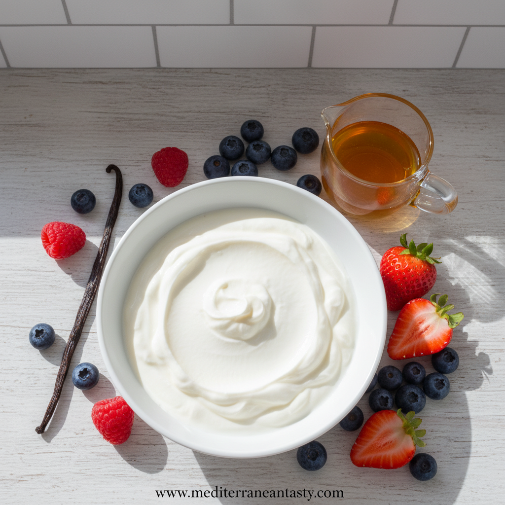 Fresh ingredients for making homemade frozen yogurt including berries, yogurt, and honey
