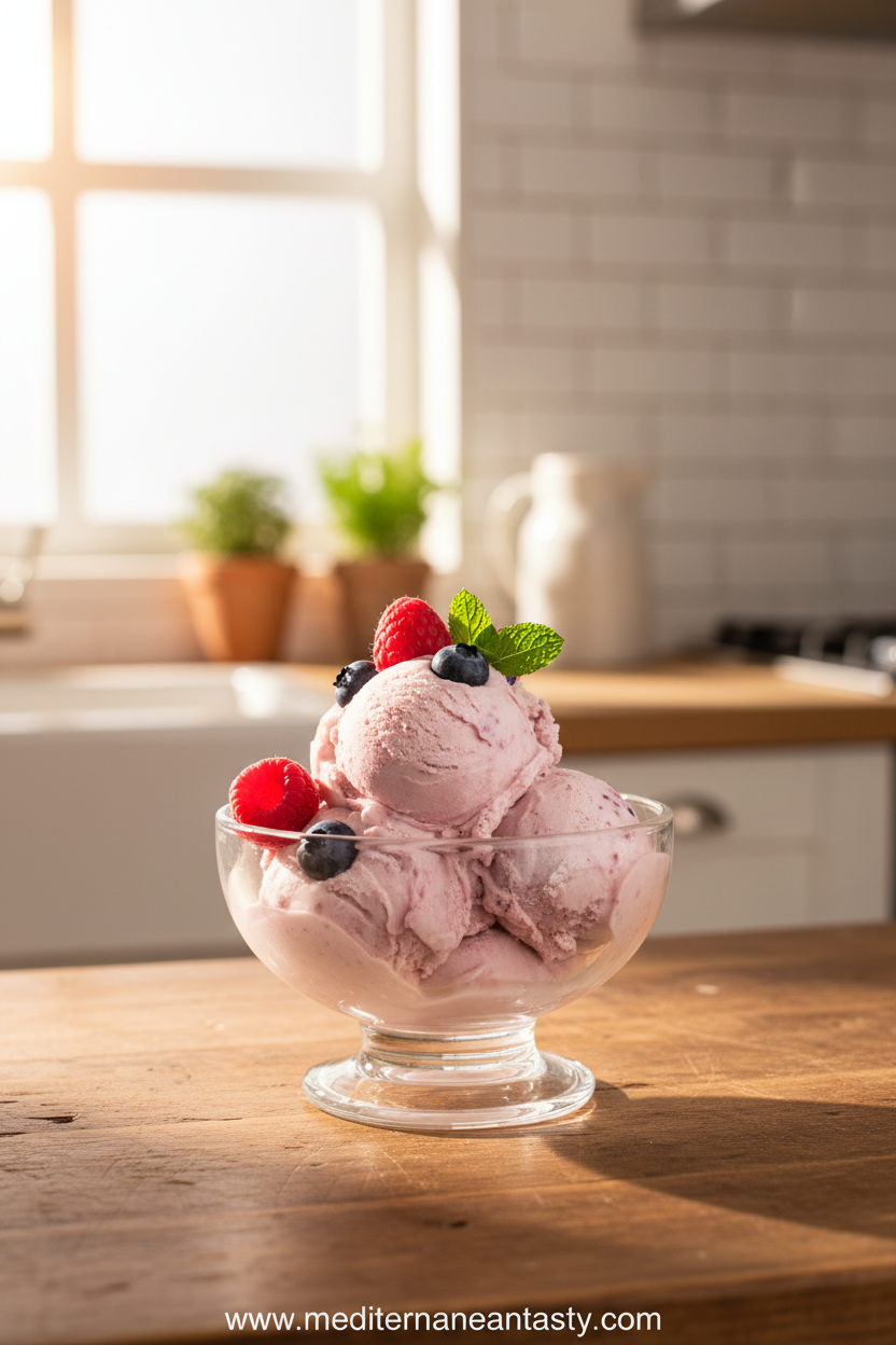 Creamy homemade frozen yogurt in a bowl with fresh berries