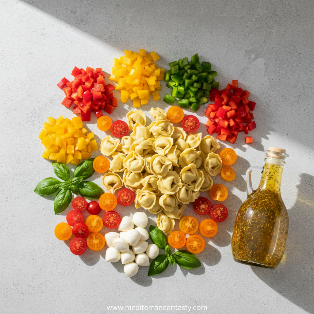 Ingredients for tortellini pasta salad including tortellini, cherry tomatoes, cucumbers and dressing