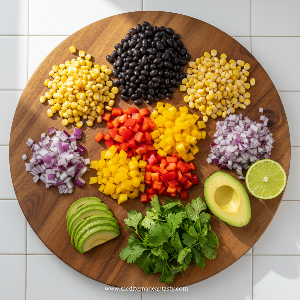Fresh ingredients for southwest black bean salad including beans, corn, peppers, and herbs